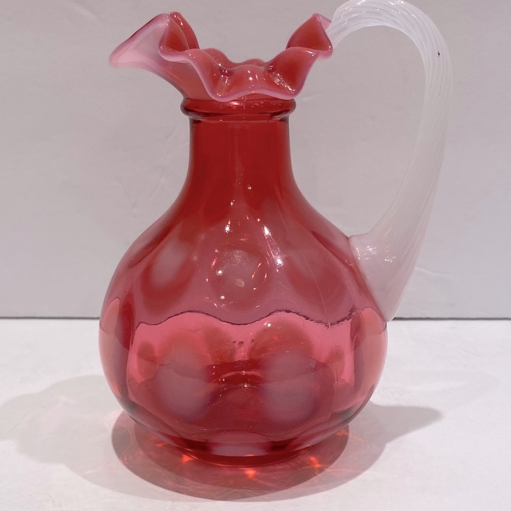 Fenton Cranberry Opalescent Optic Thumbprint Pitcher/Cruet With Applied Handle - Picture 2 of 9
